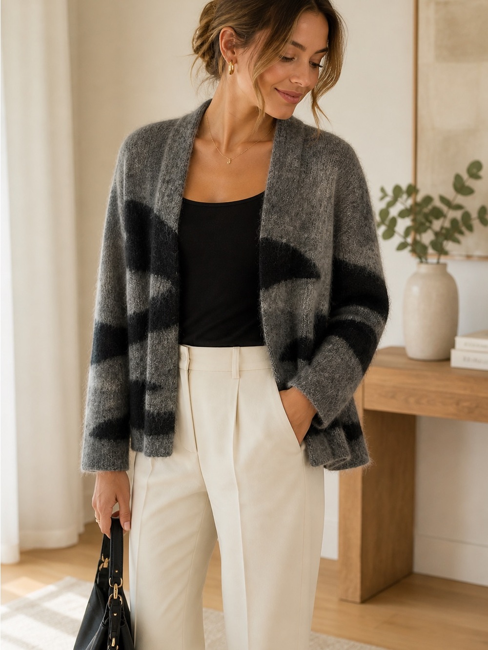 Eileen Fisher Mohair Alpaca Cardigan Gray Abstract XS Petite